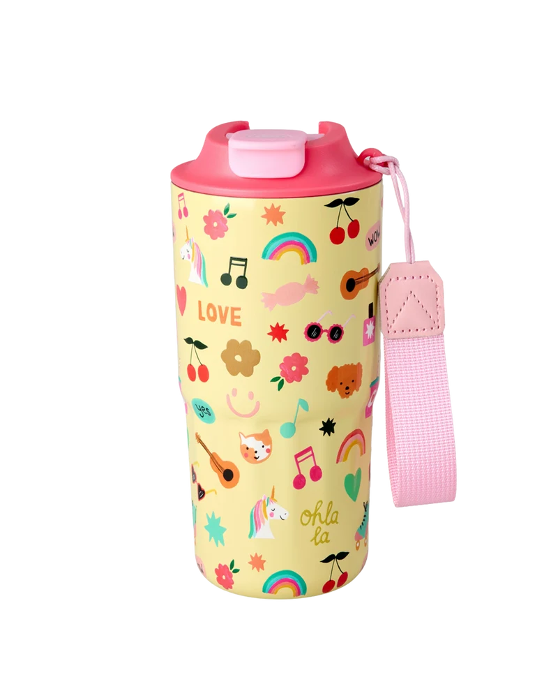 Stor Rustfri Stål Termokop - Lys Gul - Unicorn Love