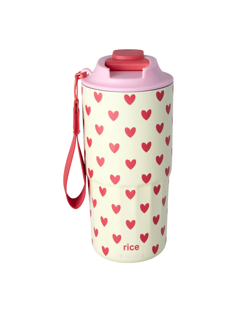Stor Rustfri Stål Termokop - Creme - Hearts Print