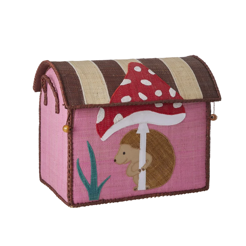 Lille Raffia Opbevaringshus - Pink - Happy Forest Print