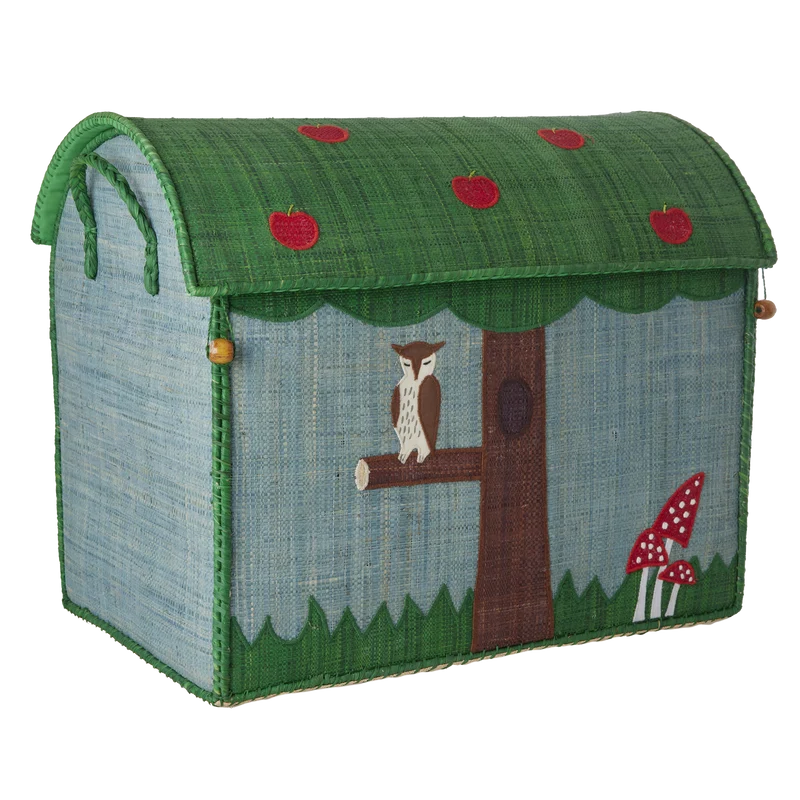 Stor Raffia Opbevaringshus - Blå - Happy Forest Print