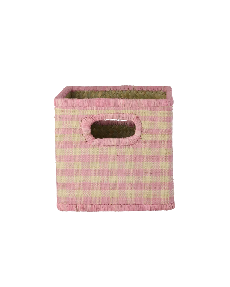 Lille Firkantet Raffia Opbevaringskurv - Pink