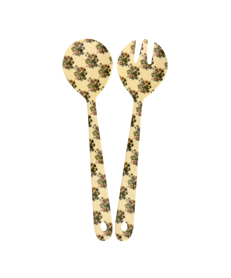 Melamin Salatbestik - Creme - Retro Bouquet Print - Sæt af 2