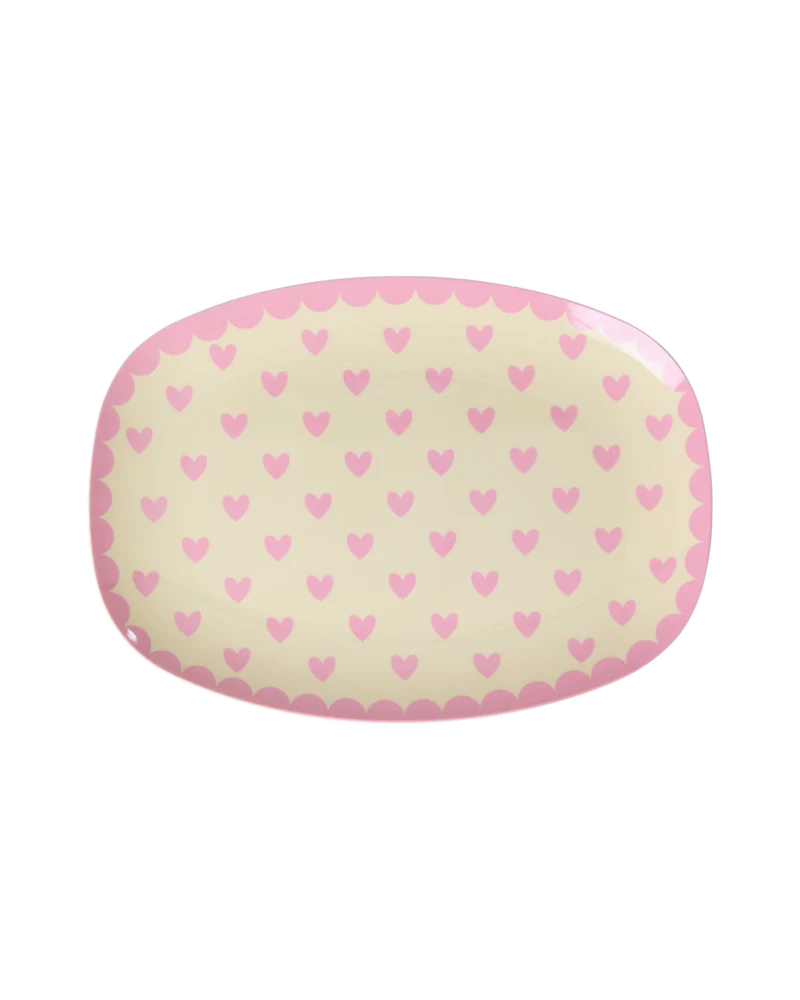 Lille Rektangulær Sidetallerken - Mørkepink - Favorite Hearts Print