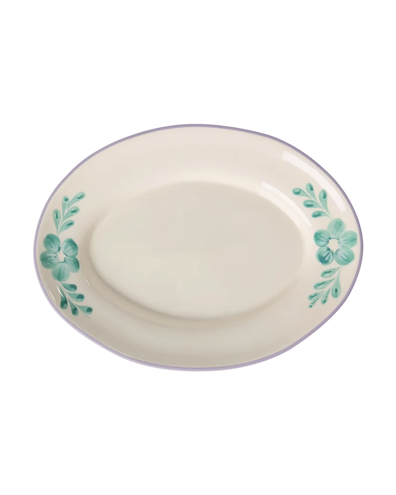 Mellem Keramik Serveringsfad - Off White - Hand-painted Green Flower Vine