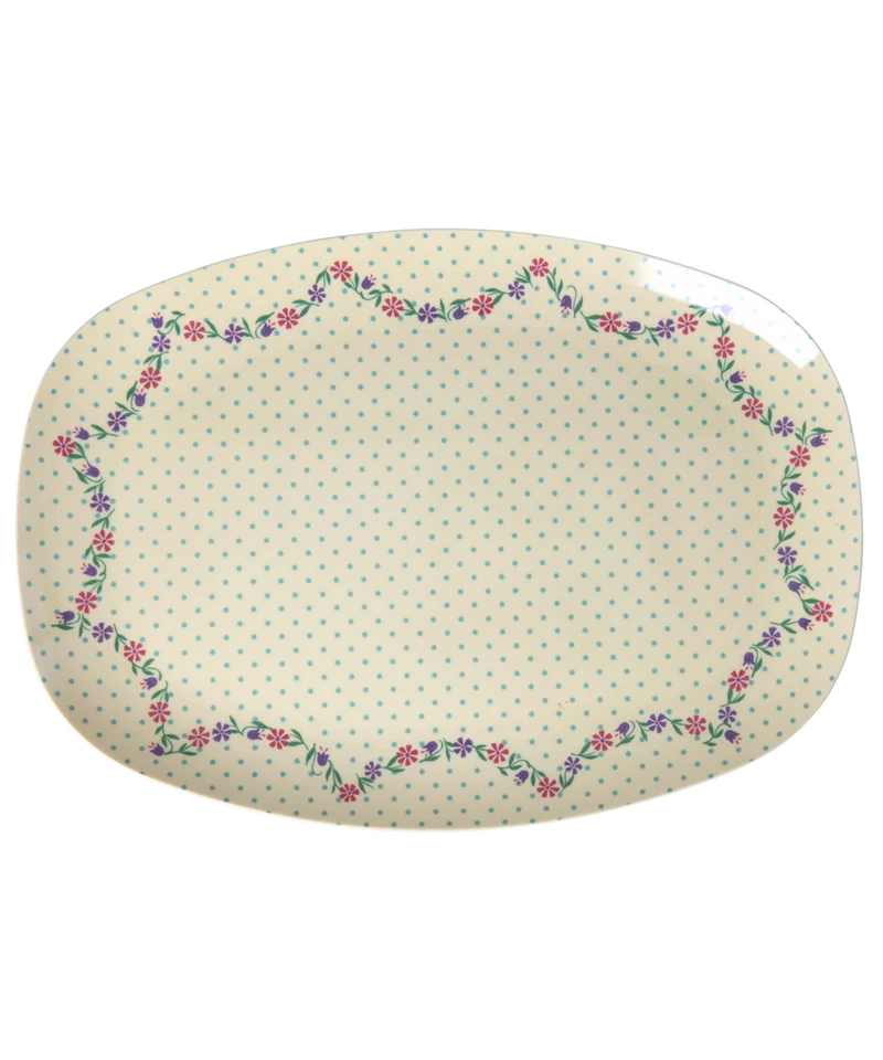 Stor Rektangulær Middagstallerken - Creme - Dots and Flowers Print