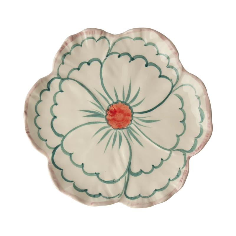 Blomst Keramik Sidetallerken - Jade - Hand-painted