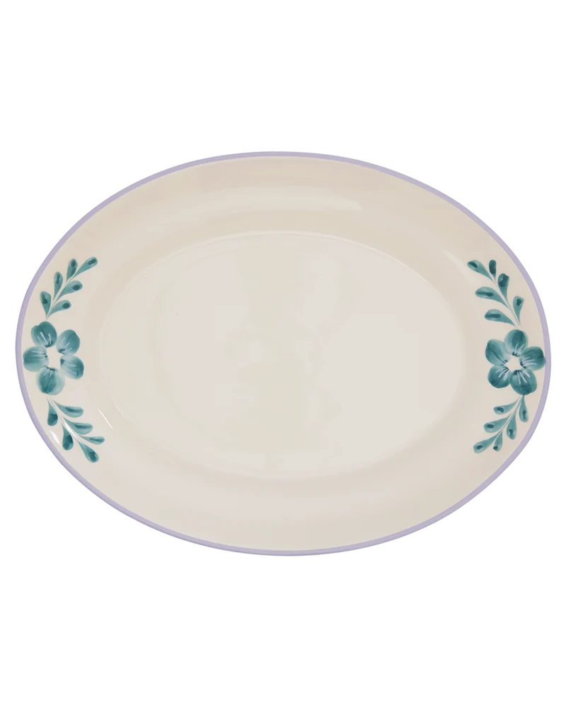 Stor Keramik Serveringsfad - Off White - Hand-painted Green Flower Vine