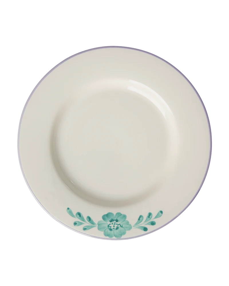 Keramik Middagstallerken - Off White - Hand-painted Green Flower Vine