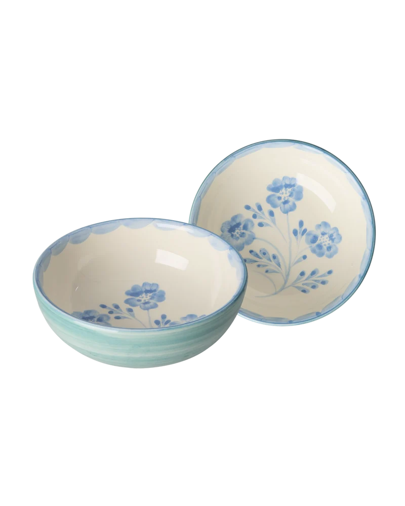 Keramik Skål - Grøn - Hand-painted Blue Flowers