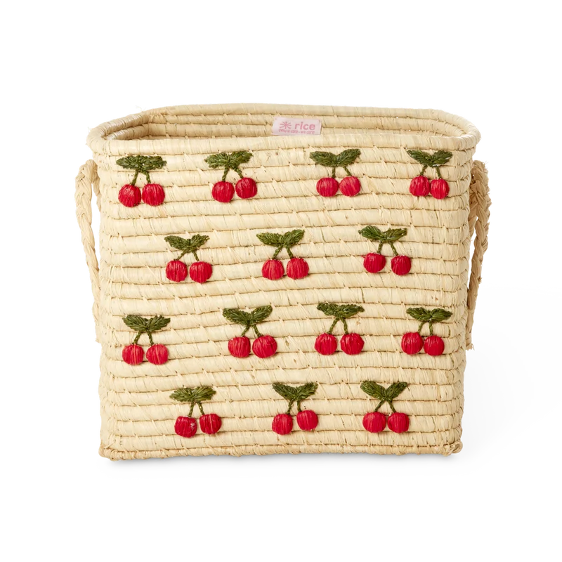 Firkantet Raffia Kurv - Natur - Small Cherries All Over Design