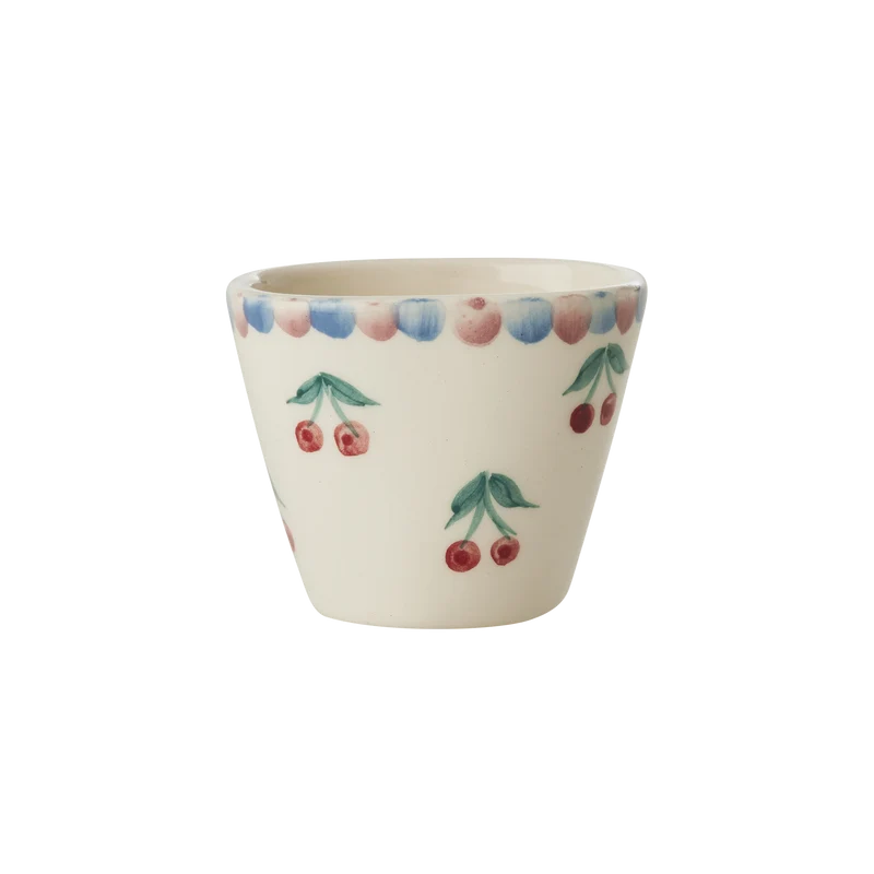 Ekstra lille Oval Keramik Espressokop - Off White - Hand-painted Cherries