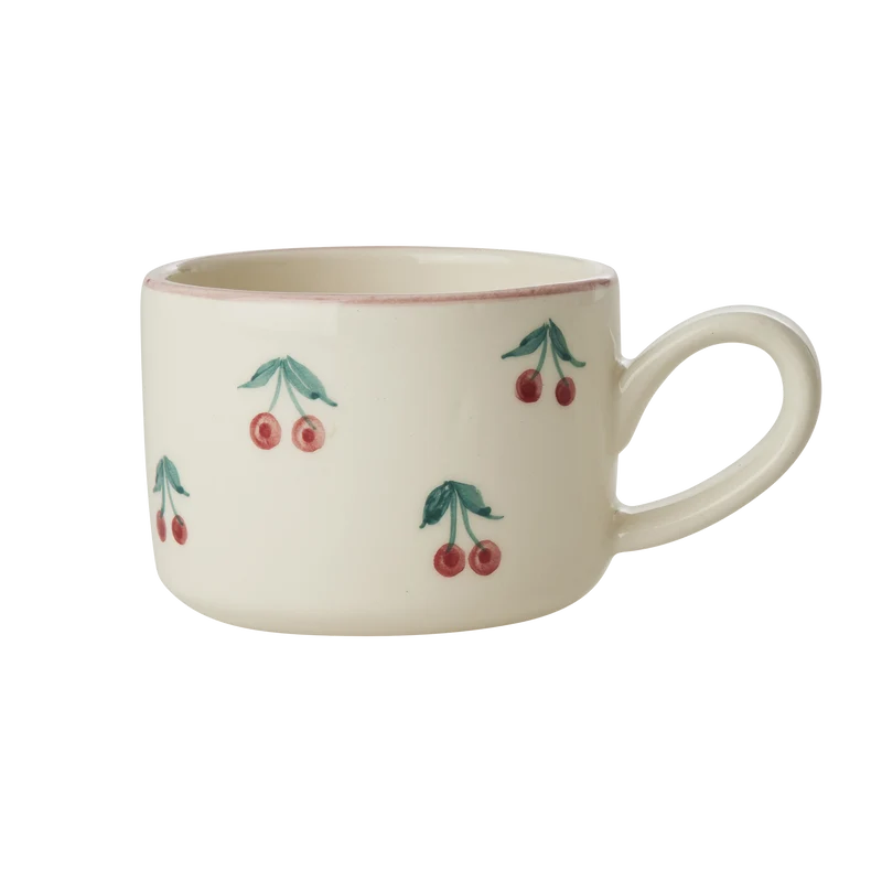 Keramik Cappuccino Kop - Off White - Hand-painted Cherries