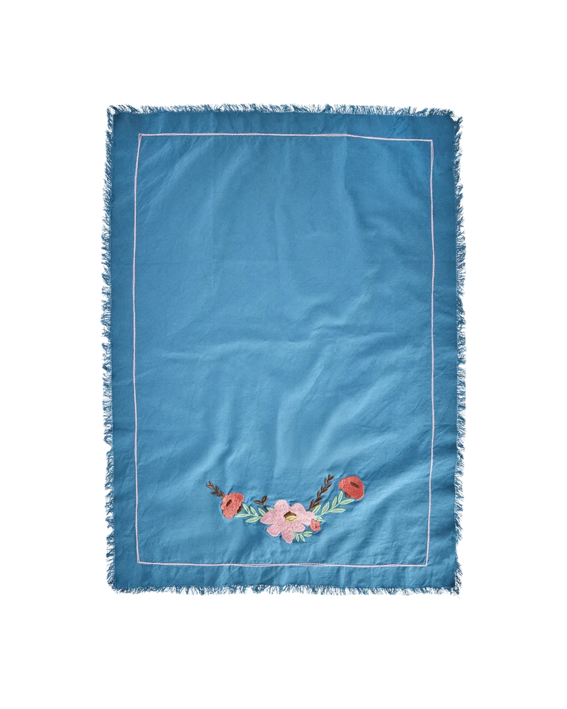 Bomuld Viskestykke - Petroleum - Flower Vine Design
