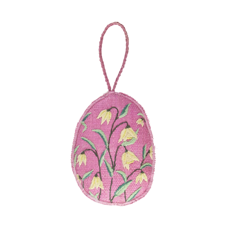 Stor Raffia Dekoration - Pink - Yellow Flowers Embroidery