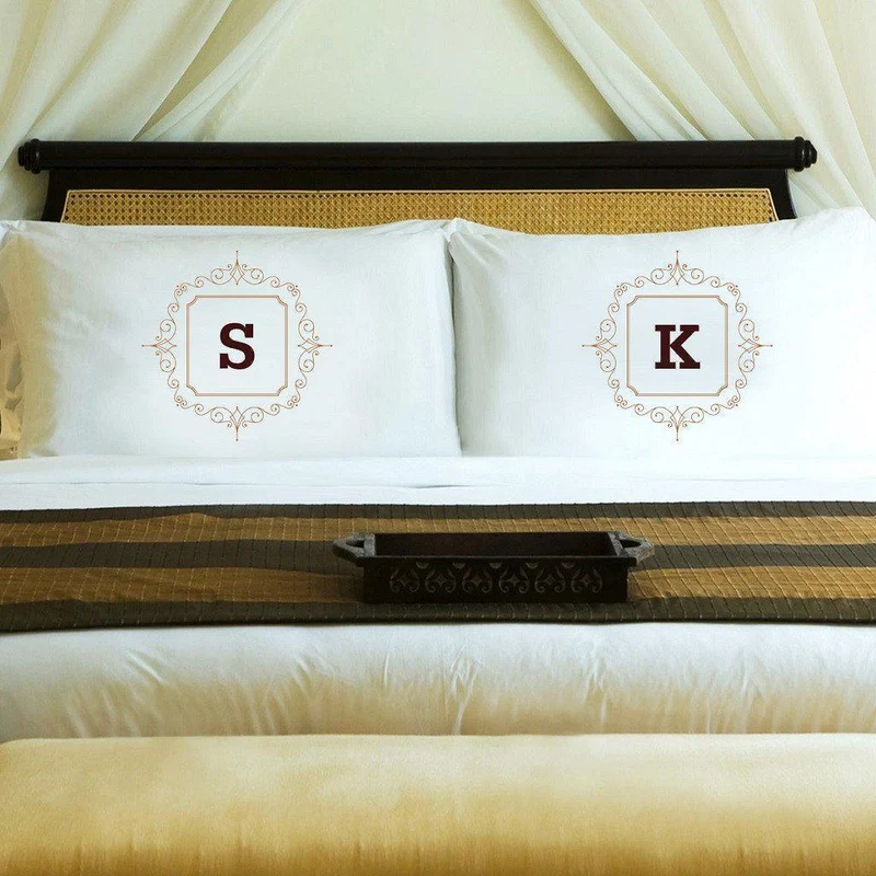 Initial Motif Couples' Personalized Pillowcases - Brown