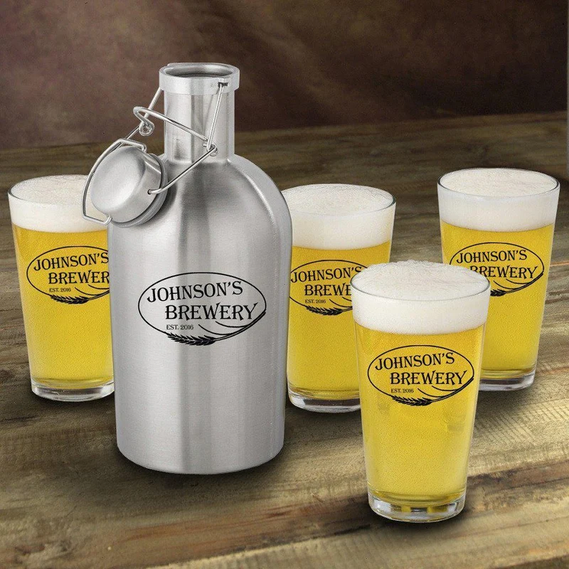 Weizen Personalized Stainless Steel Beer Growler with Pint Glass Set