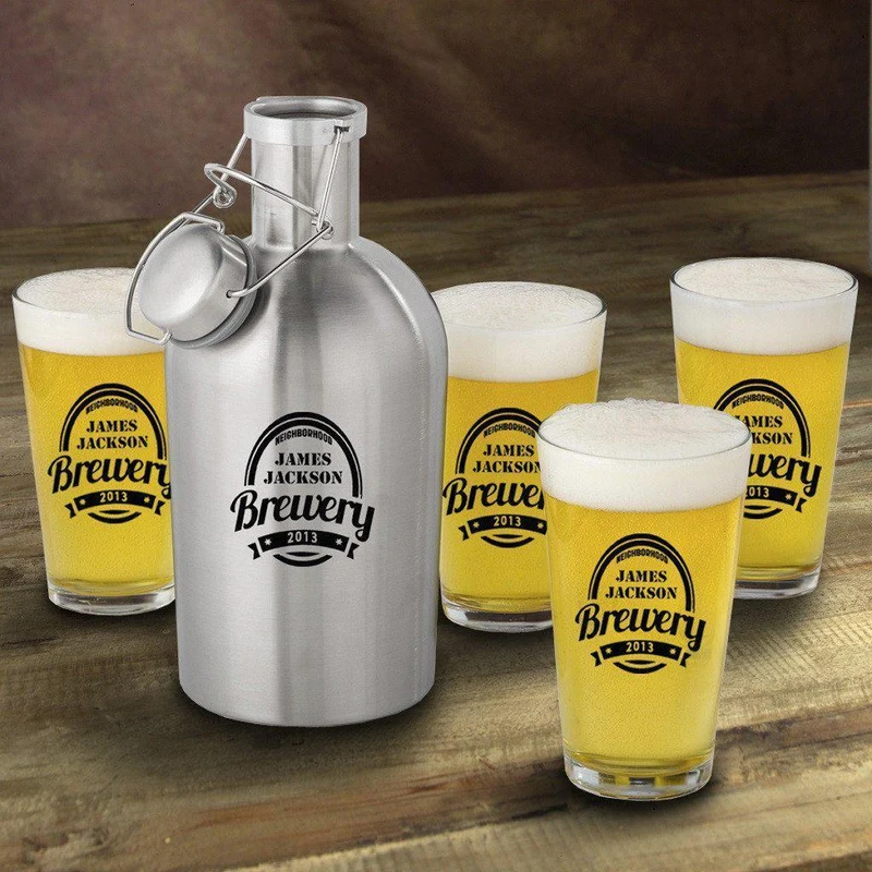 Brewery Personalized Stainless Steel Beer Growler with Pint Glass Set