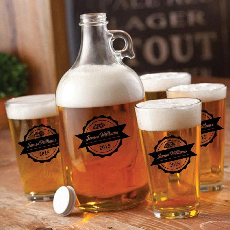 Glass Beer Growler and Pint Personalized Glass Set