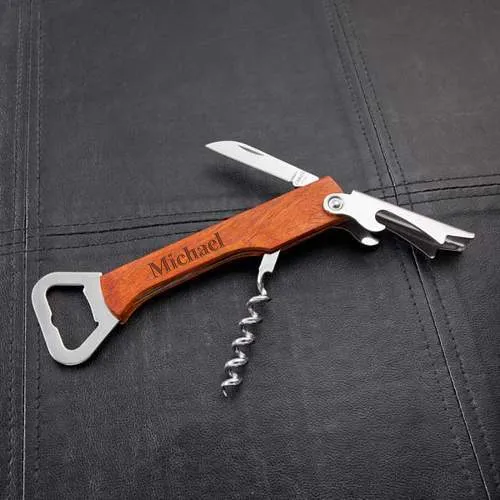 Wood Handled Wine & Bottle Opener Multi-tool - Personalized