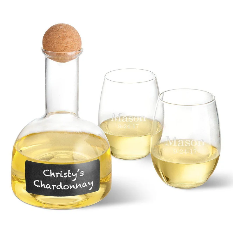 Chalkboard Wine Decanter in Wood Crate with Set of 2 Stemless Wine Glasses - Personalized