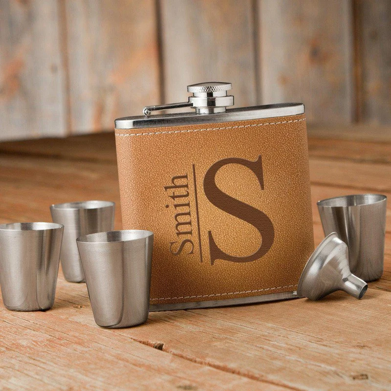 Modern Monogram Tan Hide Flask Gift Set