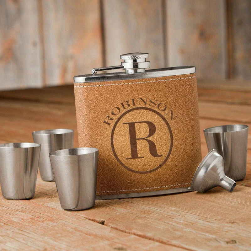 Circle Monogram Tan Hide Flask Gift Set