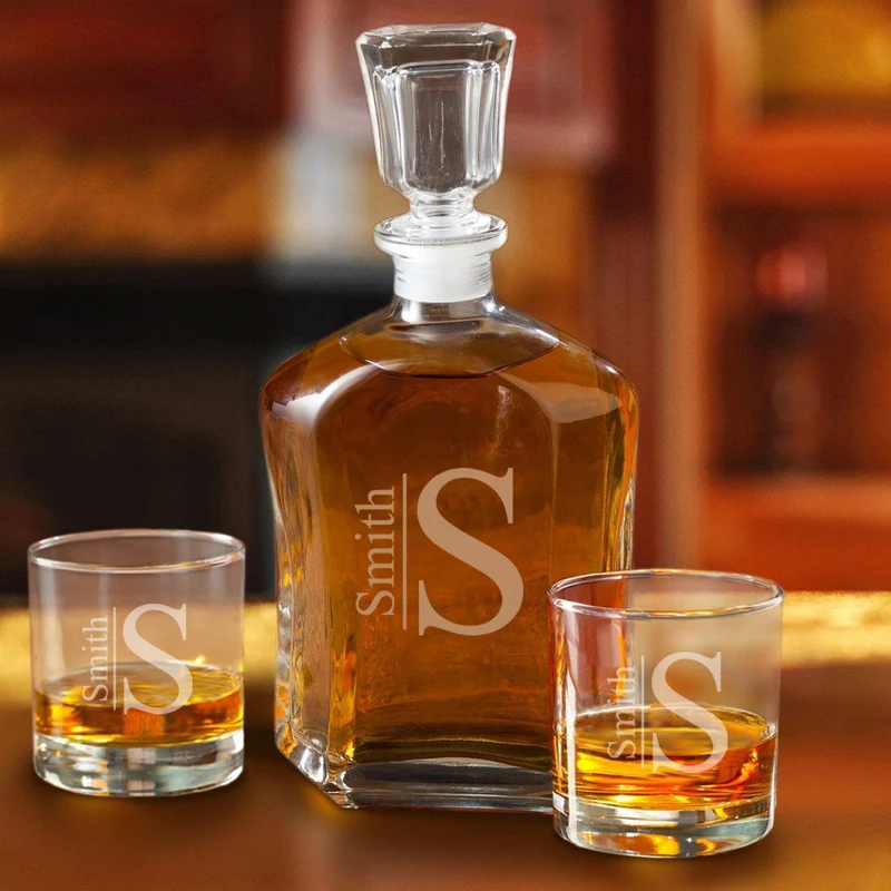 Decanter Set with 2 Low Ball Glasses - Name Monogram