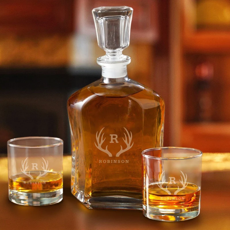 Decanter Set with 2 Low Ball Glasses - Antler Monogram