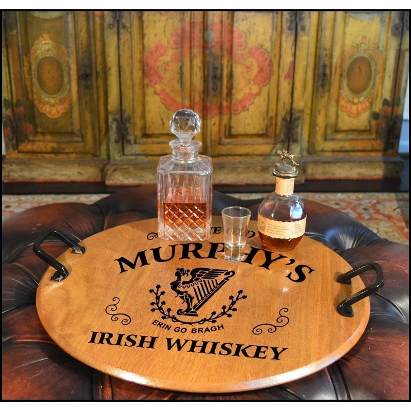 Irish Harp Barrel Head Serving Tray with Wrought Iron Handles - Personalized