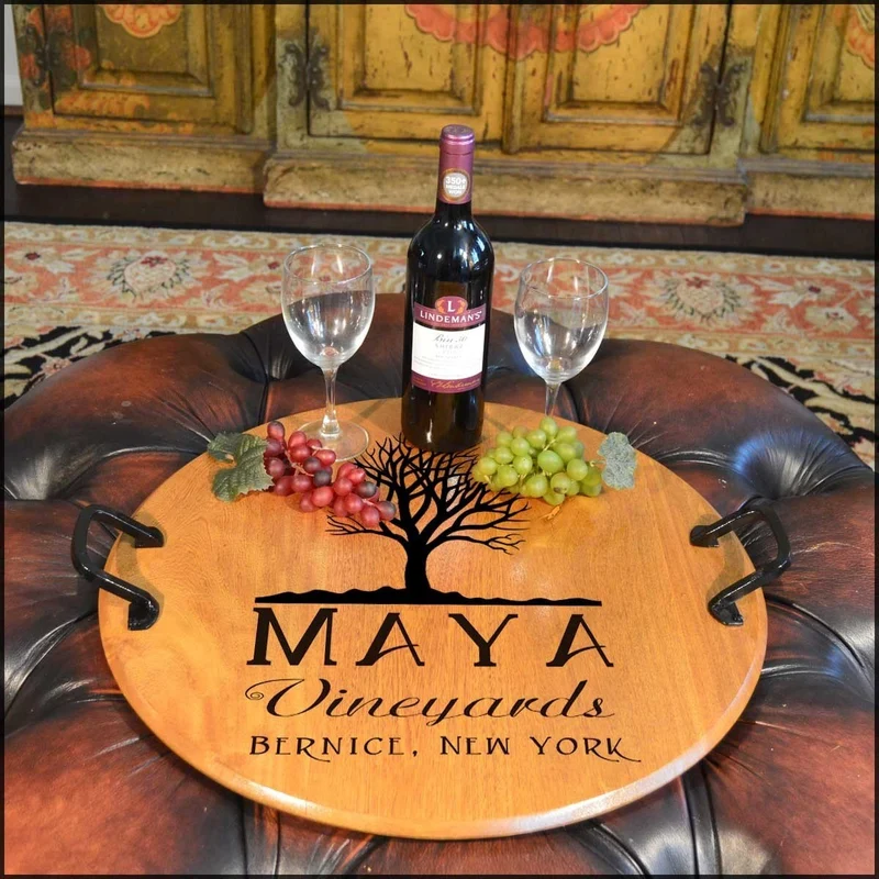 Oak Tree Barrel Head Serving Tray with Wrought Iron Handles - Personalized