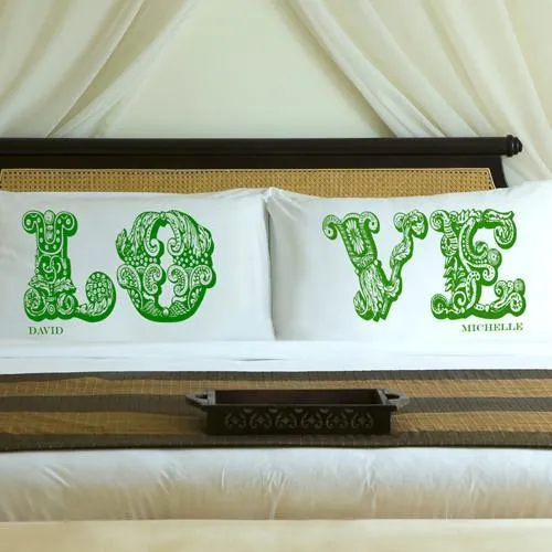 Garden Green LOVE Connection Couples Personalized Pillow Case Set