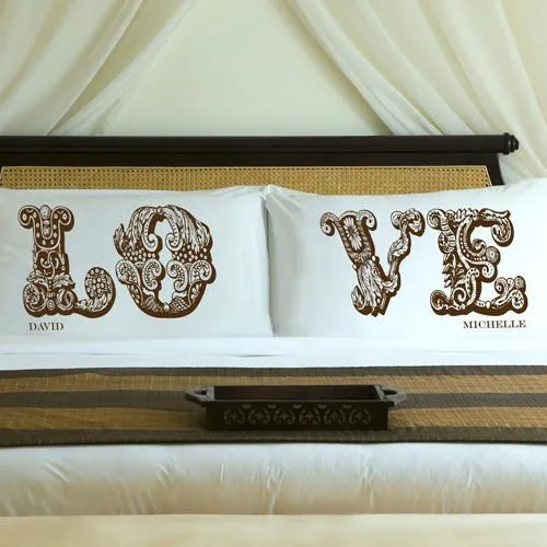 Truffle Brown LOVE Connection Couples Personalized Pillow Case Set