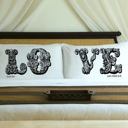 Midnight Black LOVE Connection Couples Personalized Pillow Case Set