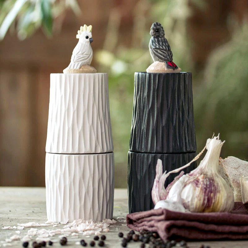Lot de 2 moulins à poivre et sel avec finesse de mouture réglable - Oiseaux sculptés en bois à la main