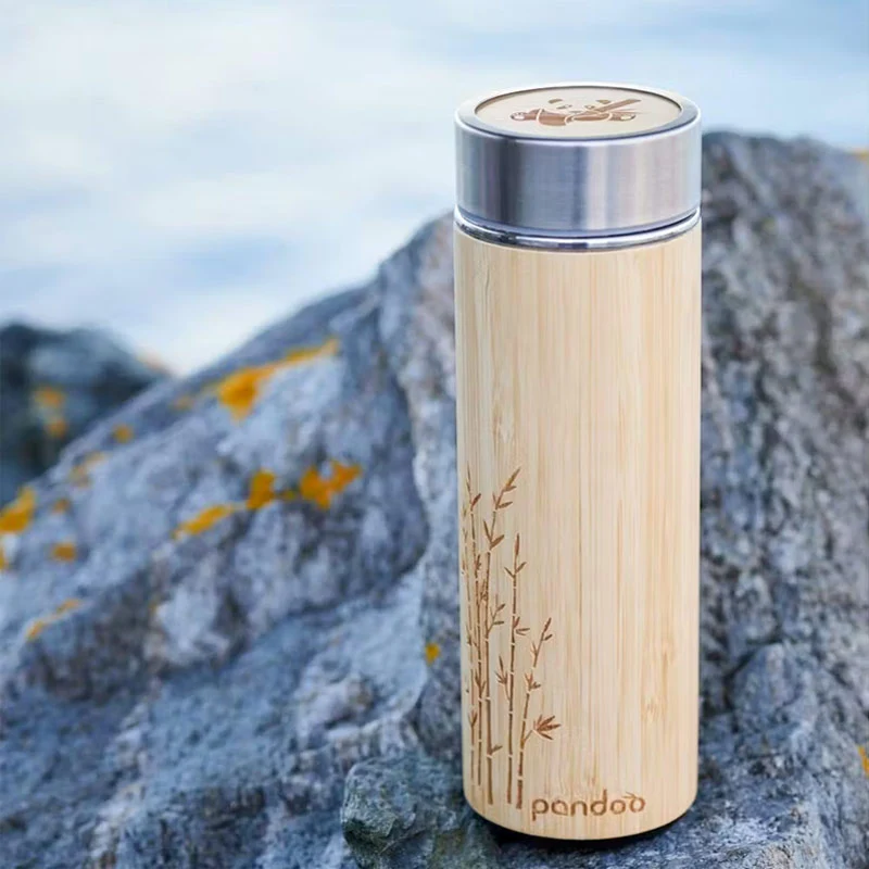 Gourde isotherme à double paroi 360ml Pandoo - Thermos en bambou FSC® avec passoire à thé