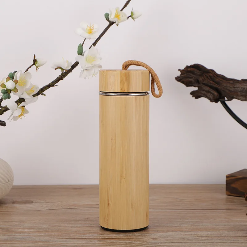 Gourde Isotherme Effet Bambou Inox avec Couvercle Rabattable 450ml