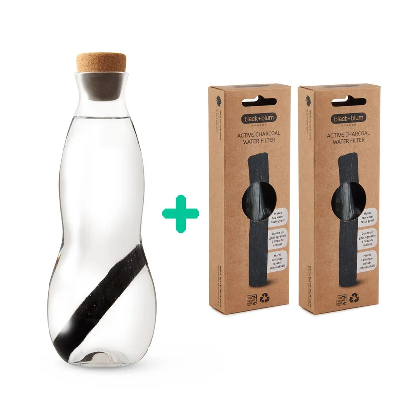 EAU CARAFE 1L + 2 recharges de charbon filtrant Binchotan - Black+Blum