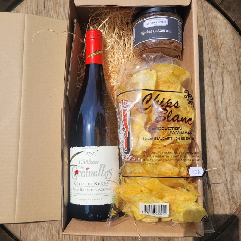 Coffret apéro Côte du Rhône rouge + Chips artisanales + Terrine Château des Coccinelles® 🇫🇷