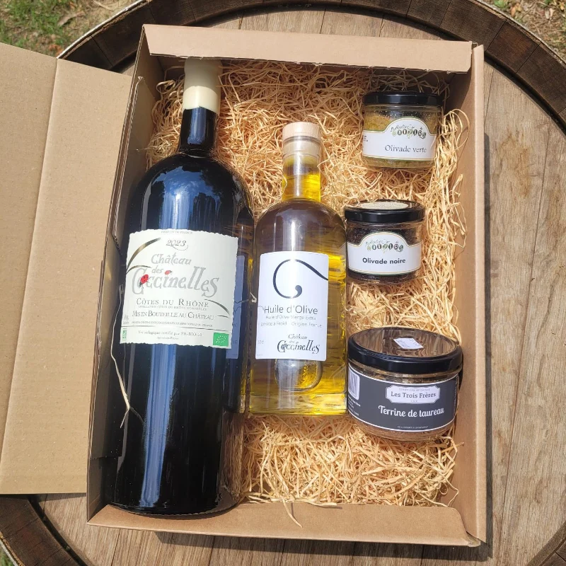 Coffret apéro Magnum rouge + Huile d'olive + Tartinables + Terrines Château des Coccinelles® 🇫🇷