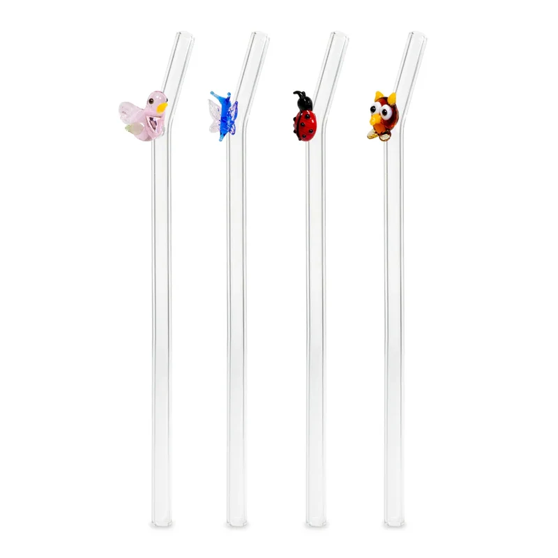 Set de 4 pailles en verre décorées - Animaux