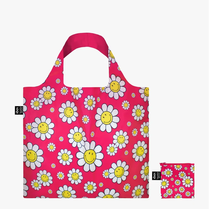 Tote Bag Recyclé - Smiley Fleurs Framboise