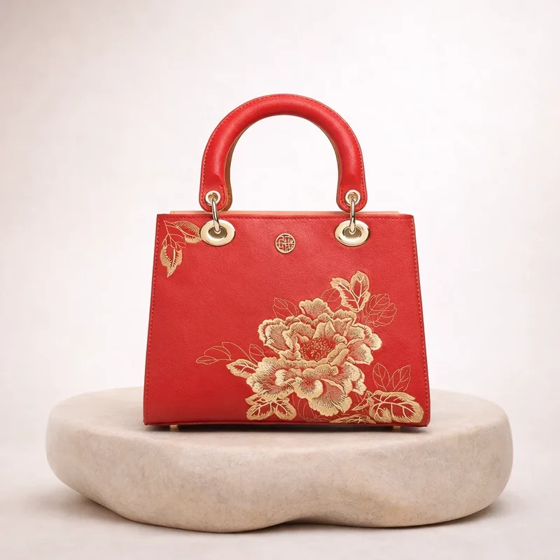 Sac à main brodé motif pivoine