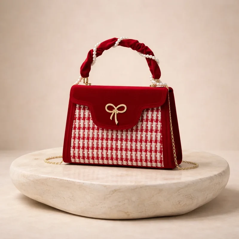 Sac velours & tweed poignée perlée