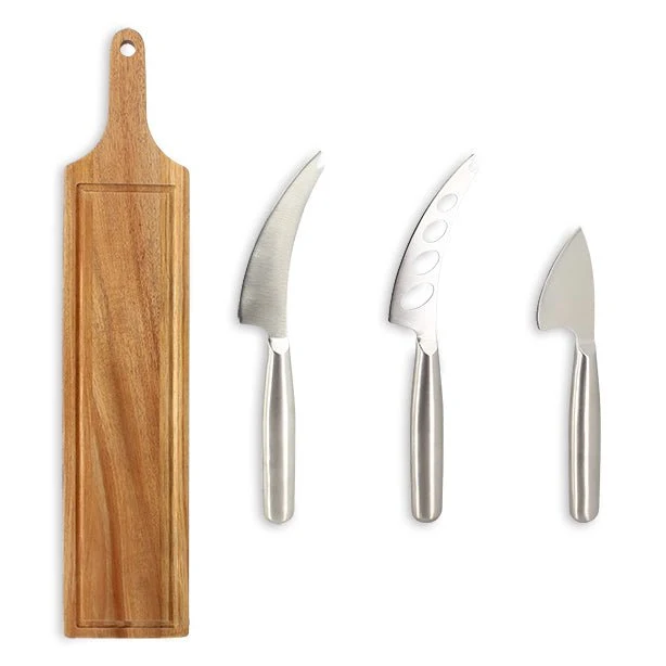 Planche à Découper Acacia 59×12 cm + 3 Couteaux à Fromage