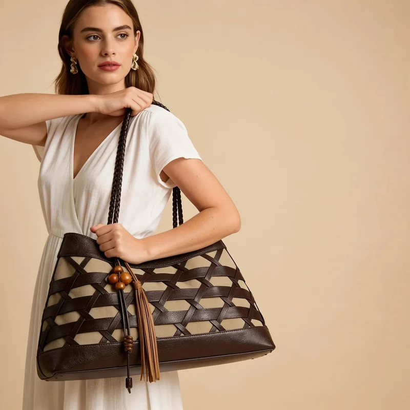 Sac cabas tressé en cuir de vachette pleine fleur — Marron café