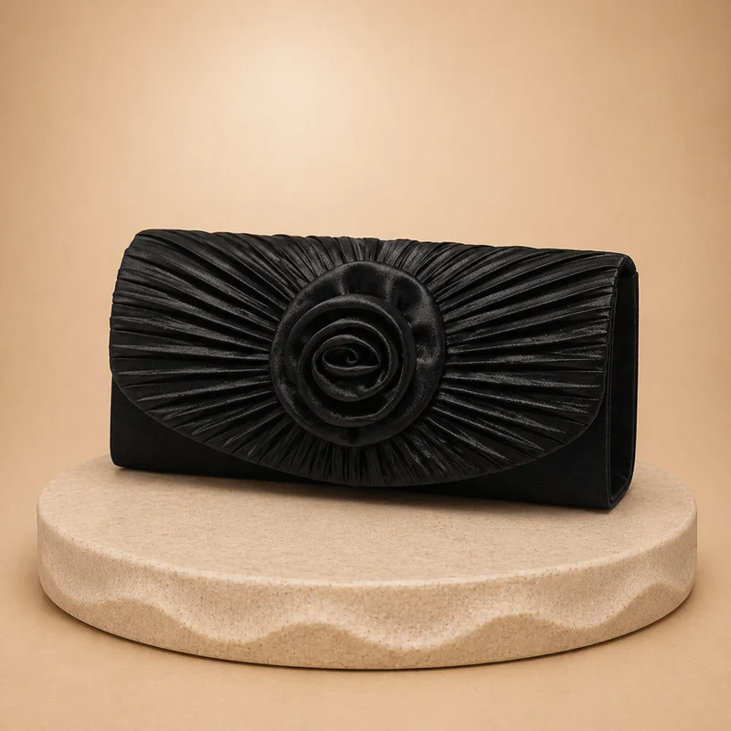 Pochette plissée noir rouge à fleur