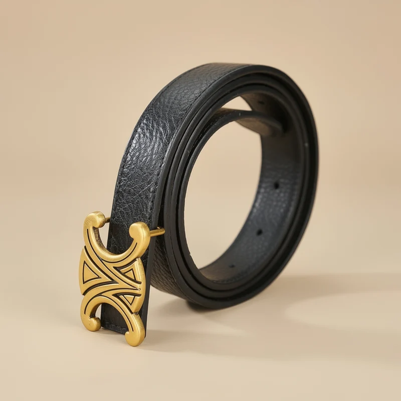 Ceinture fine en cuir, boucle dorée graphique