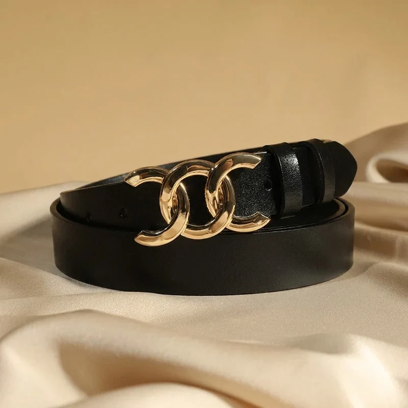Ceinture fine en cuir, boucle anneaux dorés