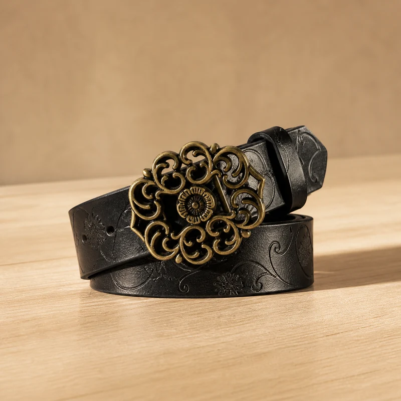 Ceinture en cuir gravé, boucle fleur ajourée