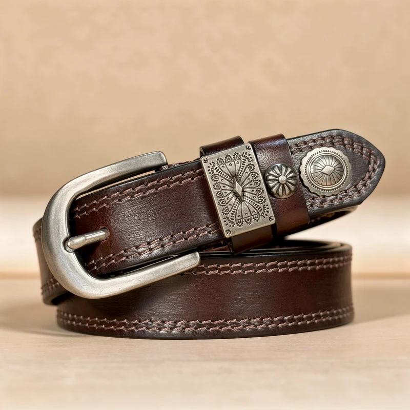 Ceinture en cuir de vachette, boucle vintage gravée
